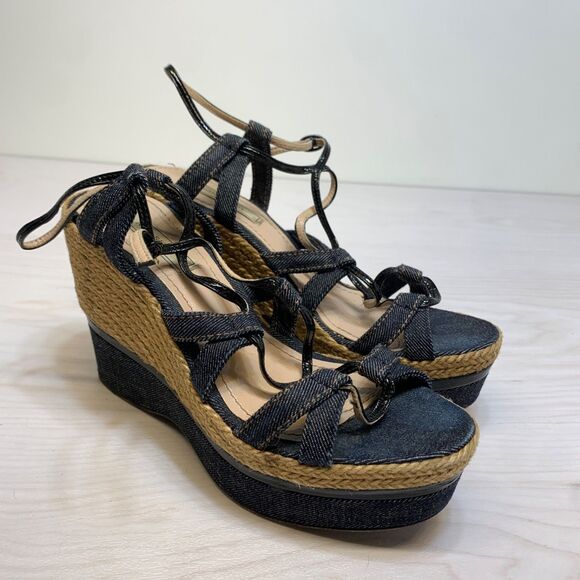 Nina Ricci Denim Leather Sandals Wedges Shoes 6 / 37 Beautiful y2K Platform - Picture 1 of 12